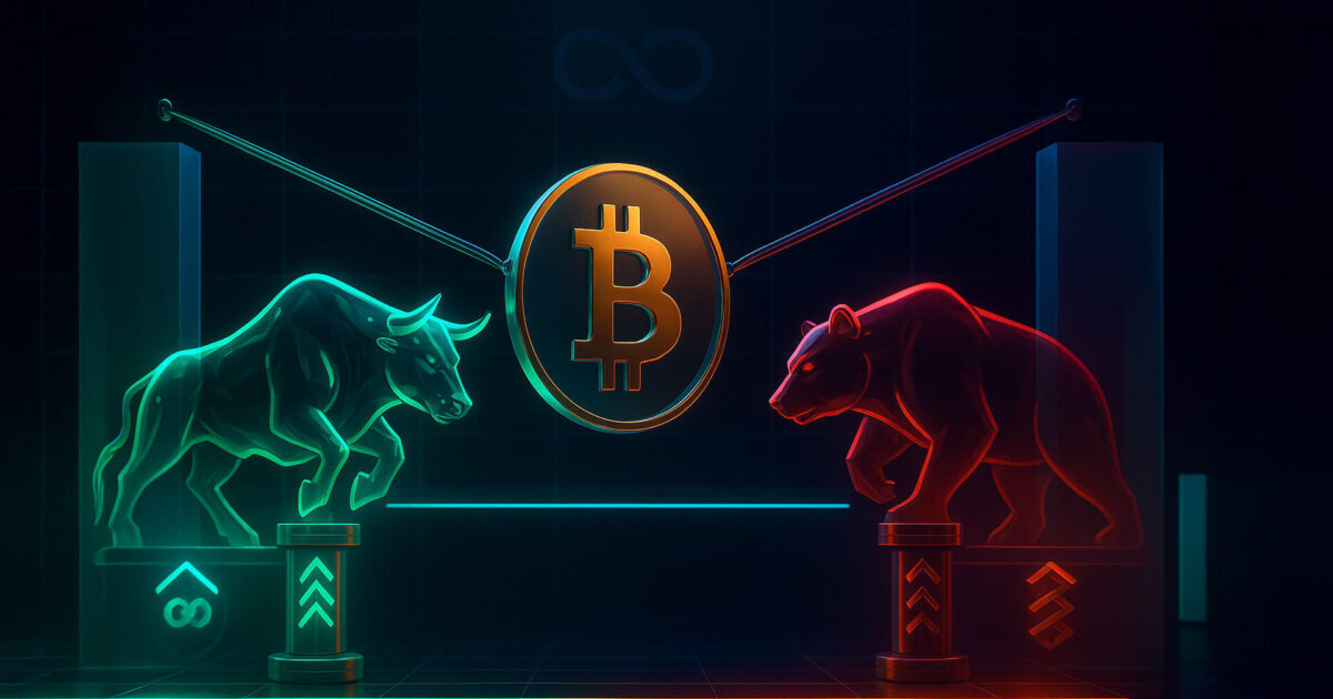A suspended Bitcoin disk is tugged by neon bull and bear winches above a flat price line and leverage gauges, conveying tense sideways drift