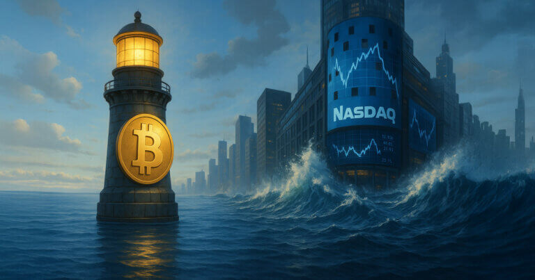 A calm Bitcoin lighthouse stands steady in tranquil waters as stormy waves crash against the churning Nasdaq tower across the bay