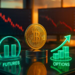 A Bitcoin coin is shown between glowing “Futures” and “Options” symbols, with red price charts displayed on screens in the background - Cover art/illustration via CryptoSlate.
