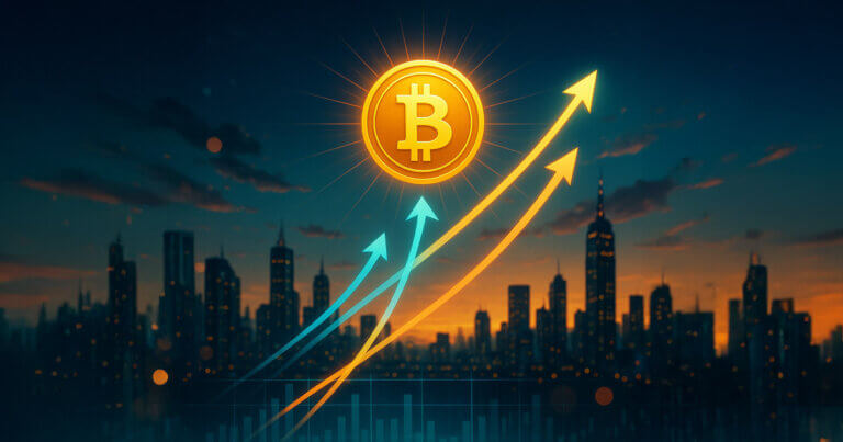 A bright cinematic scene shows glowing forecast lines from multiple directions converging on a radiant Bitcoin emblem above a vivid skyline, symbolizing 2026 targets coalescing.