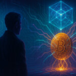 A silhouetted figure before a holographic Solana logo watches a quantum cube’s neon beams fracture a glowing Bitcoin coin on a circuitry-lit horizon