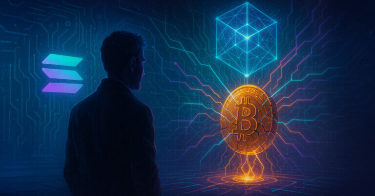A silhouetted figure before a holographic Solana logo watches a quantum cube’s neon beams fracture a glowing Bitcoin coin on a circuitry-lit horizon