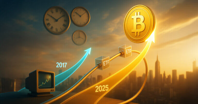 A bright cinematic skyline scene shows twin golden and teal price paths—2017 and 2025—rising together toward a glowing Bitcoin coin, hinting at a potential 20x rally setup.