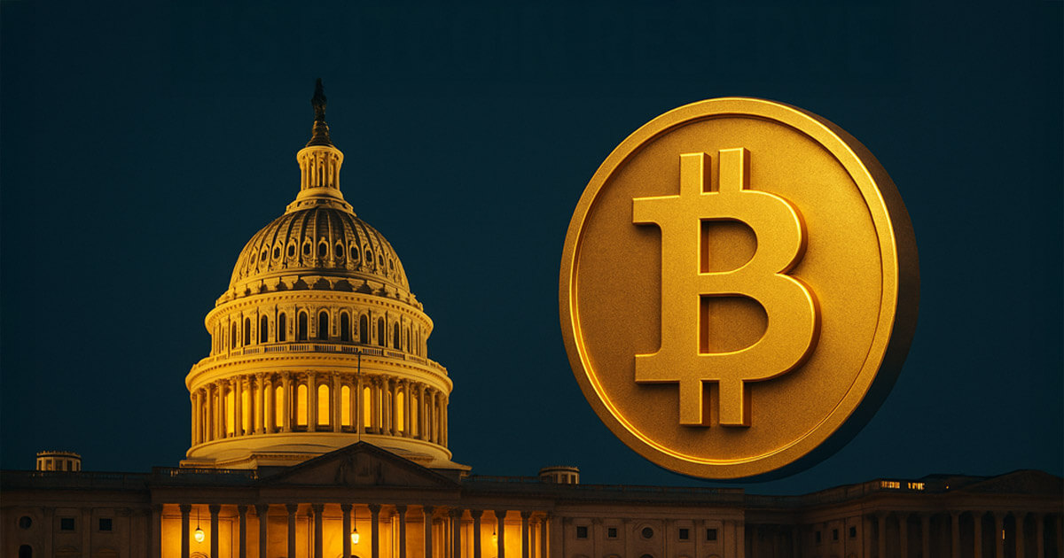 The U.S. Capitol dome glows beside a large golden Bitcoin symbol against a deep blue backdrop.