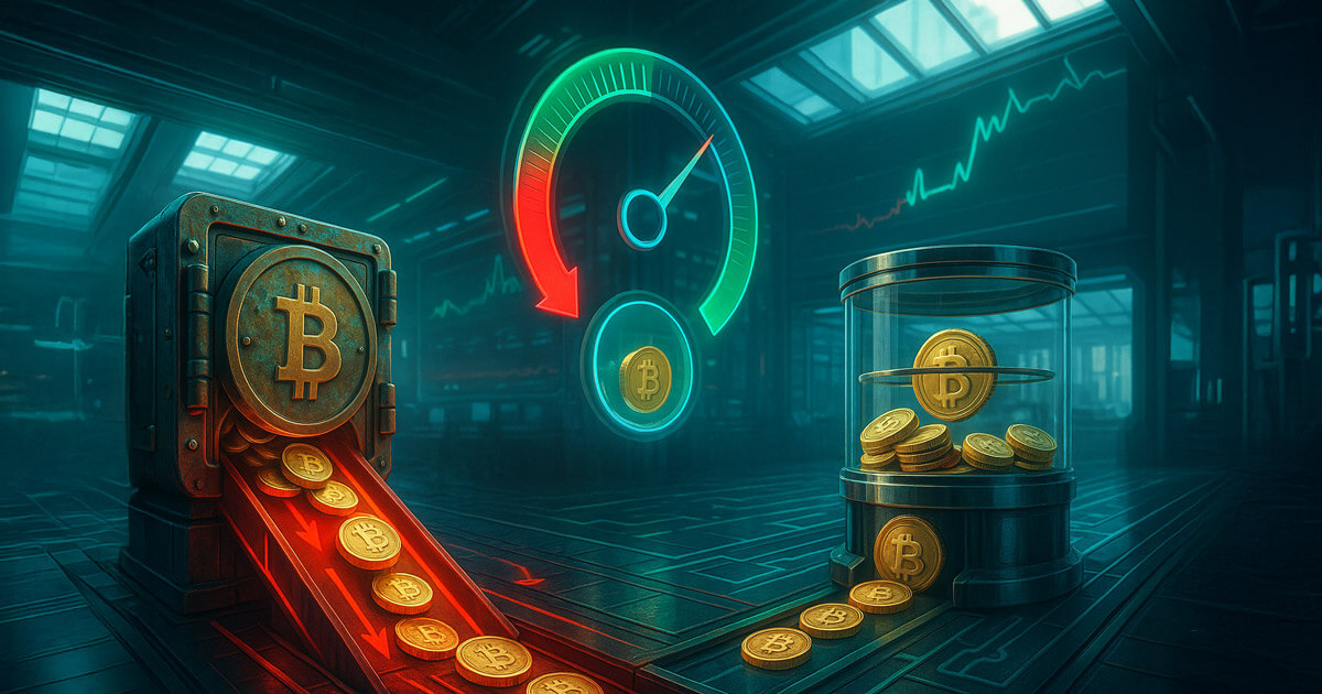 In a sunlit trading hall, long-term holders’ Bitcoins spill down red sell chutes while short-term coins balance level in a glass chamber beneath a split green-red SOPR gauge