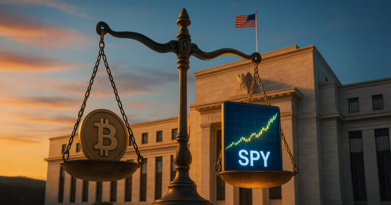 Scales of justice balance Bitcoin against SPY charts outside the Federal Reserve building at sunset - Cover art/illustration via CryptoSlate.