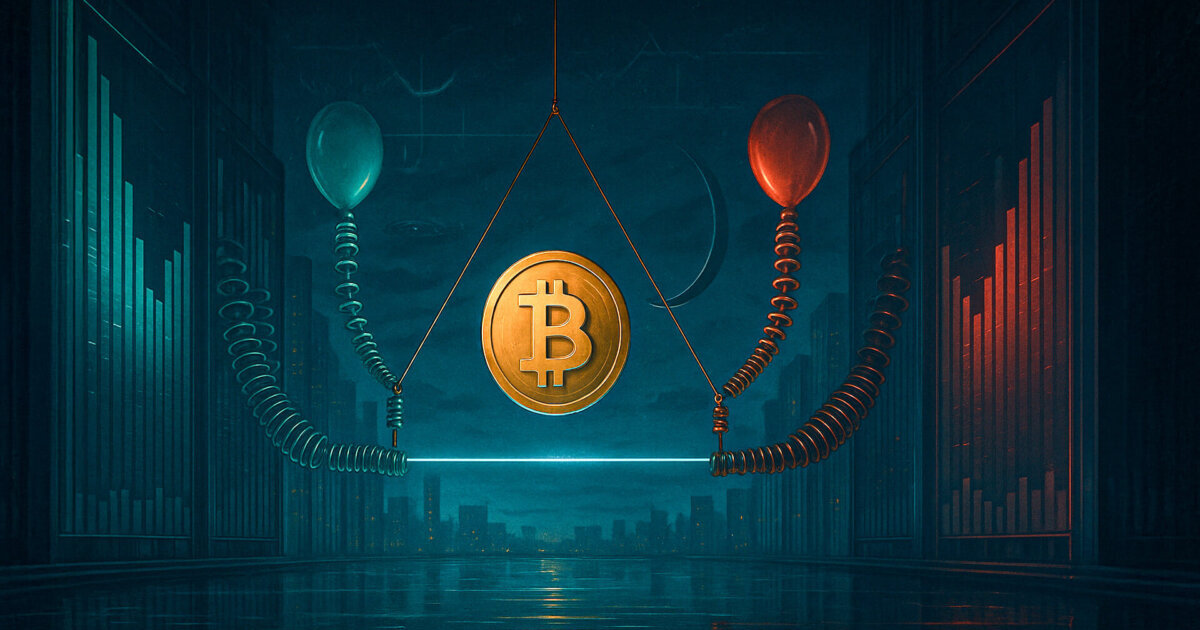 A suspended golden Bitcoin hangs motionless between red and green leveraged pulls above a glowing horizontal line, capturing a tense sideways market in equilibrium