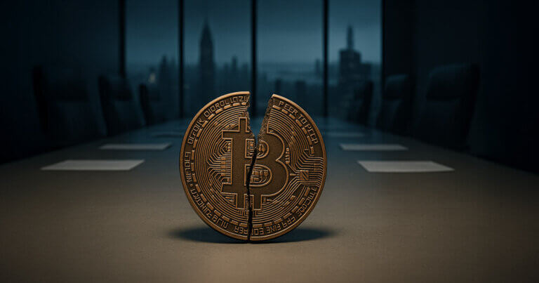 A cracked Bitcoin coin sits on a corporate boardroom table with a city skyline backdrop - Cover art/illustration via CryptoSlate.