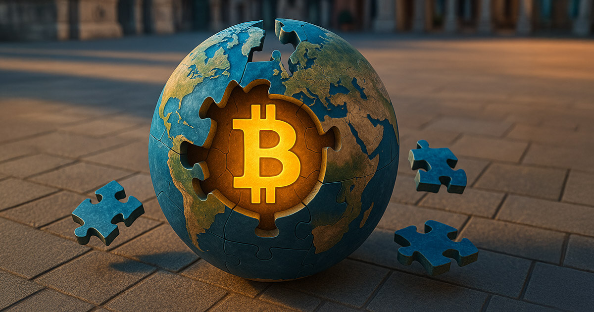 Earth as puzzle pieces encircles a glowing Bitcoin core, set in a sunlit plaza with classical architecture - Cover art/illustration via CryptoSlate.