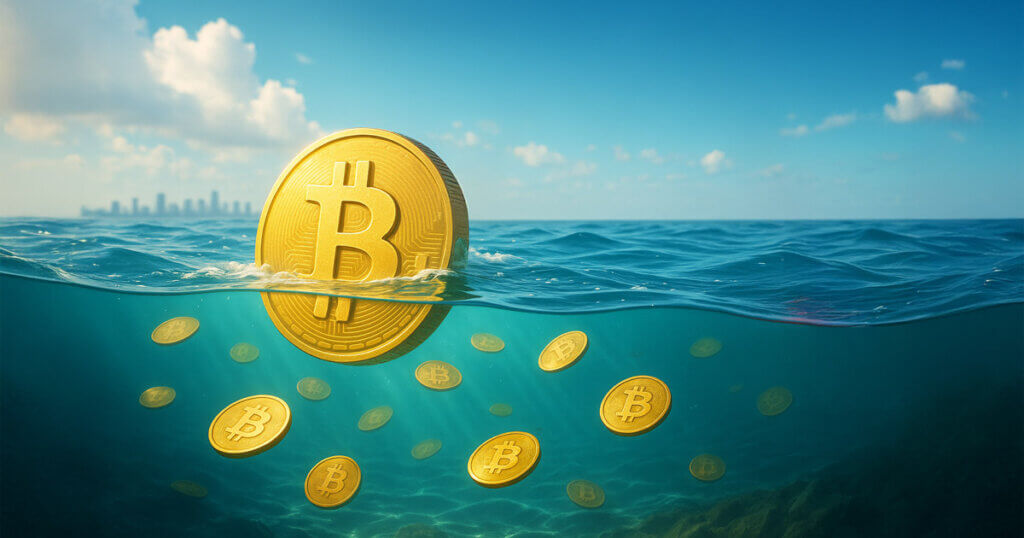bright split-level ocean scene shows gold Bitcoin coins sinking underwater as a bold red line graph dives toward the seafloor under clear daylight.