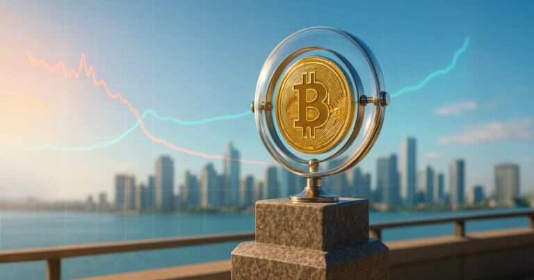 a gold Bitcoin stabilized inside a glass gyroscope on a granite pedestal as a jagged red line smooths into a calm green trend over a sunlit skyline.
