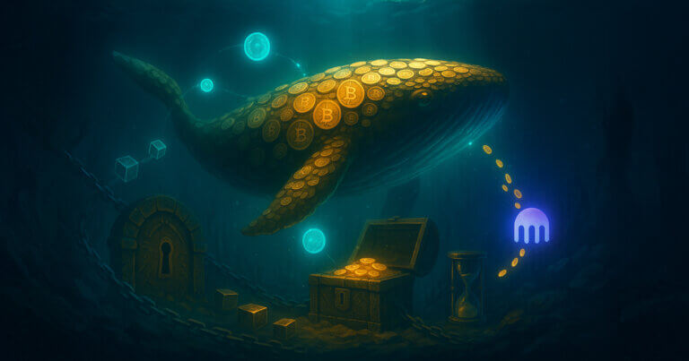 An underwater Bitcoin whale made of glowing coins awakens, with three address orbs and a small stream headed toward a Kraken portal symbolizing partial movement to exchange