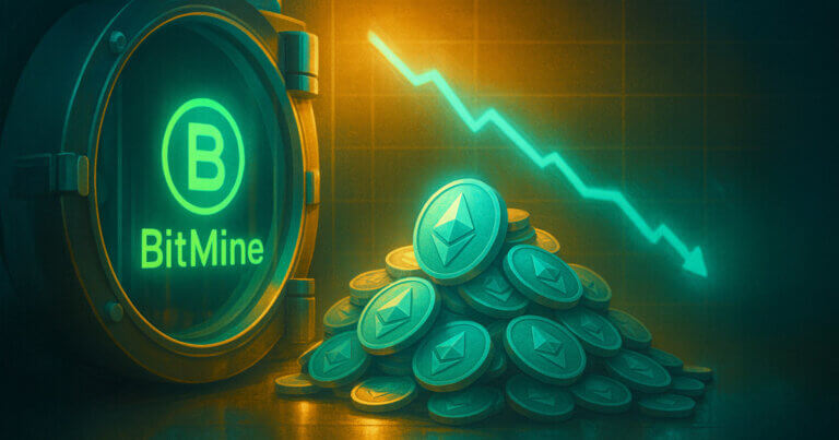 a neon-green BitMine logo glowing on a vault beside a towering pile of teal ETH coins, with a bright descending chart line implying accumulation during a dip.