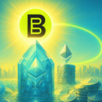 Daylight cityscape shows the neon-green BitMine logo rising like a sun over towering vaults of Ethereum coins, with a luminous arc linking to a Worldcoin orb.