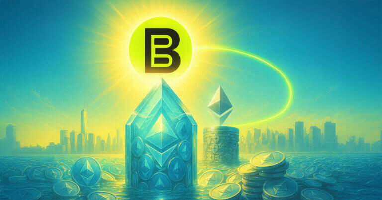 Daylight cityscape shows the neon-green BitMine logo rising like a sun over towering vaults of Ethereum coins, with a luminous arc linking to a Worldcoin orb.