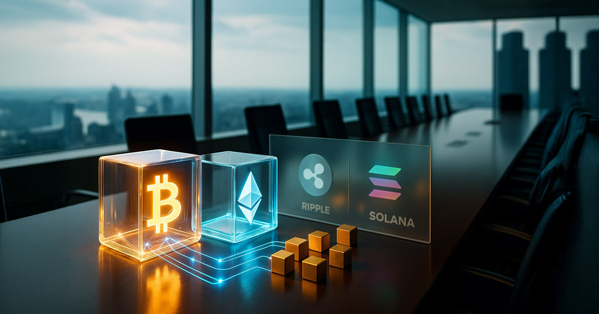 A bright cinematic boardroom scene shows glowing Bitcoin and Ethereum cubes drawing a few institutional blocks while frosted SOL and XRP logos sit behind a translucent divider, signaling unconfirmed ETFs.