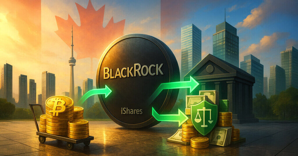 skyline with a maple-leaf backdrop framing a BlackRock–iShares vault, green arrows moving Bitcoin coin stacks toward a bank facade and shield-scale collateral pile to visualize securities lending with safeguards.