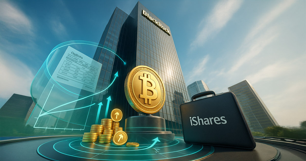 daylight view of a towering BlackRock HQ with a pedestal Bitcoin encircled by glowing covered-call graphs and an iShares-branded briefcase symbolizing a yield ETF.