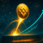 A radiant BNB coin blasts through a glass milestone arch as a neon price curve rockets upward above a well-lit cyber cityscape, celebrating a breakout to four figures.