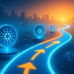 a glowing blue roadmap ribbon with Cardano logos marking milestones across a futuristic network grid under warm sunrise light.