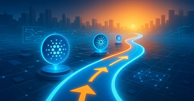 a glowing blue roadmap ribbon with Cardano logos marking milestones across a futuristic network grid under warm sunrise light.