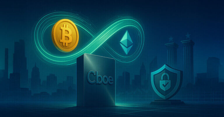 A futuristic 16:9 scene shows the Cboe logo beneath a glowing infinity loop where Bitcoin and Ethereum symbols orbit above secure clearing motifs and a teal city grid.