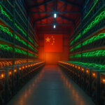 Rows of ASIC rigs glow inside a vast Chinese Bitcoin mining farm in Inner Mongolia - Cover art/illustration via CryptoSlate.