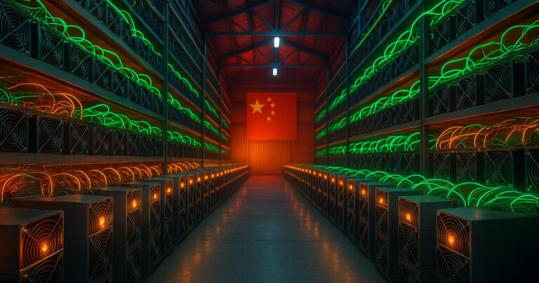 Rows of ASIC rigs glow inside a vast Chinese Bitcoin mining farm in Inner Mongolia - Cover art/illustration via CryptoSlate.