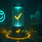 n a dark validator hall, the Circle emblem links to a glowing node ring opposite the Hyperliquid logo as fiber-optic rails light up to signal activation