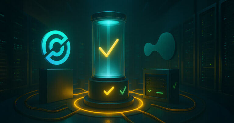 n a dark validator hall, the Circle emblem links to a glowing node ring opposite the Hyperliquid logo as fiber-optic rails light up to signal activation