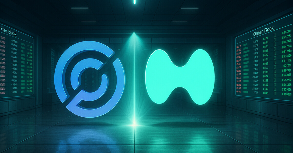 Circle and Hyperliquid logos glow side by side in a futuristic trading hall with digital order books - Cover art/illustration via CryptoSlate.