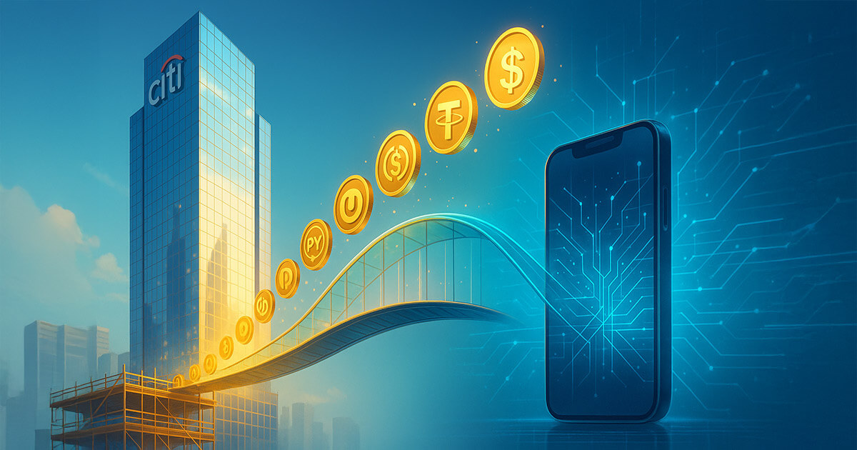 A bright, cinematic 16:9 scene shows a gleaming glass bank tower and an upward-arching glass bridge made of glowing stablecoin tokens leading into a high-tech mobile wallet, with subtle scaffolding beneath the bridge to suggest immature institutional rails.