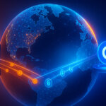 A bright, cinematic globe with a highlighted wedge shows Cloudflare and Coinbase hubs exchanging pulsing payment streams, symbolizing a crypto layer reaching a large share of the internet.