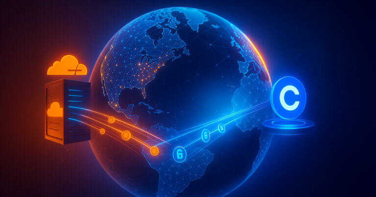 A bright, cinematic globe with a highlighted wedge shows Cloudflare and Coinbase hubs exchanging pulsing payment streams, symbolizing a crypto layer reaching a large share of the internet.