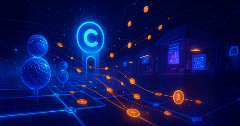 A neon-lit bazaar of AI agents streams tiny coins along glowing rails toward futuristic stalls beneath a luminous Coinbase gateway, evoking real-time micropayments in a richly lit 16:9 scene.