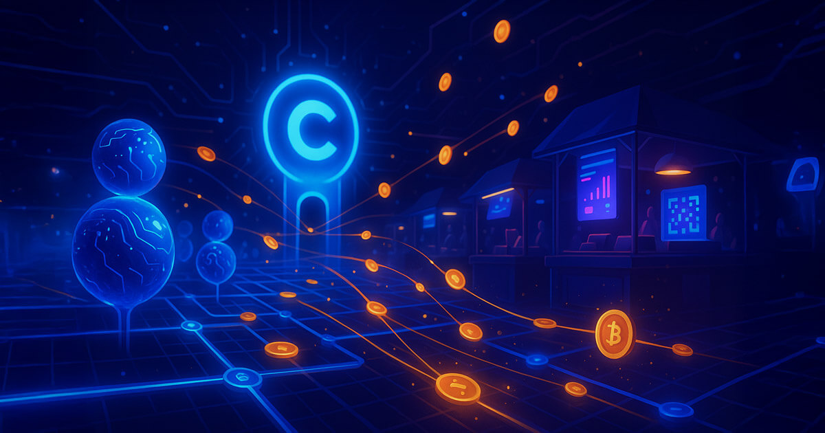 A neon-lit bazaar of AI agents streams tiny coins along glowing rails toward futuristic stalls beneath a luminous Coinbase gateway, evoking real-time micropayments in a richly lit 16:9 scene.