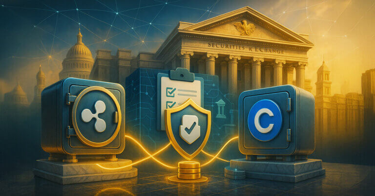 Ripple and Coinbase logo-embossed vaults linked by golden custody lines to a central shield with a checkmark before a sunlit neoclassical regulator building and networked backdrop.