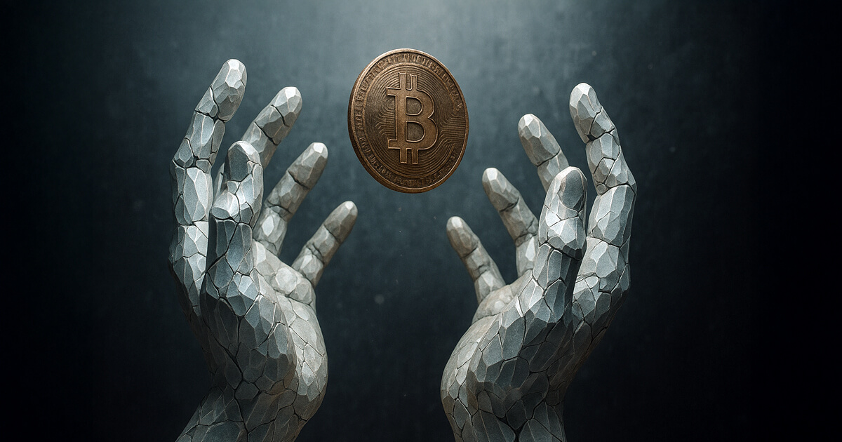 Cracked diamond-like hands release a fading Bitcoin coin against a cold metallic void - Cover art/illustration via CryptoSlate.