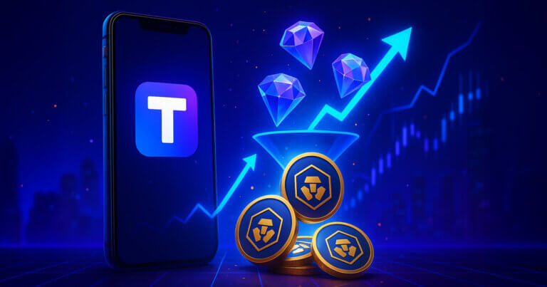 Truth Social’s app icon sits beside a stream of glowing “gems” converting into blue-gold Cronos (CRO) coins as neon charts surge in a well-lit futuristic backdrop.