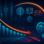 A neon financial tableau shows a sharp monthly downturn alongside a rising quarterly arc, with capital streams feeding DeFi, AI, payments, gaming, cybersecurity, and stablecoin infrastructure icons