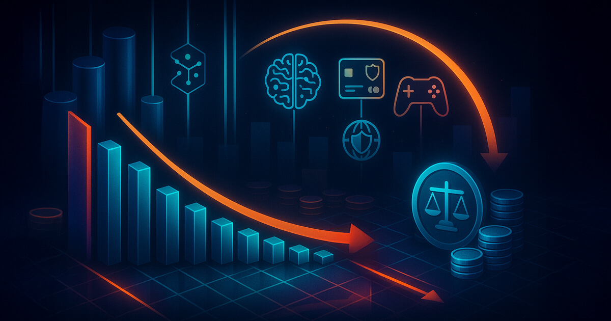 A neon financial tableau shows a sharp monthly downturn alongside a rising quarterly arc, with capital streams feeding DeFi, AI, payments, gaming, cybersecurity, and stablecoin infrastructure icons