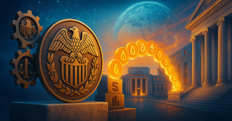 Federal Reserve seal—accurate eagle, striped shield, and laurel wreath—dominates the bright 16:9 scene as glowing token coins arc from the Fed building toward institutional columns under a connected globe.