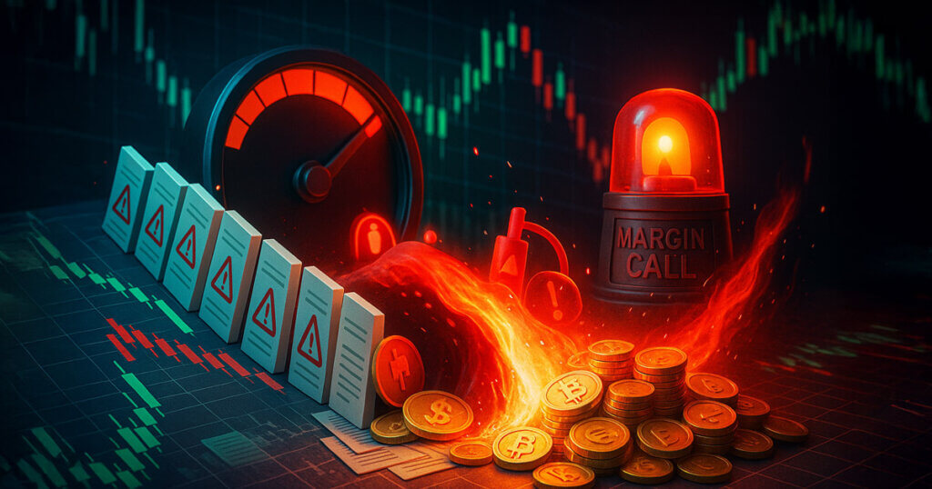 a red siren, cascading warning dominoes, and coins swept by a fiery wave beneath plunging candlesticks to depict nearly $1B in liquidations.