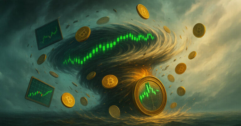 A horizontal tornado of charts, Bitcoin coins, and tweets spins in place under stormy skies - Cover art/illustration via CryptoSlate.