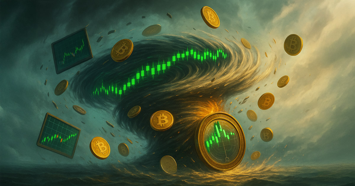 A horizontal tornado of charts, Bitcoin coins, and tweets spins in place under stormy skies - Cover art/illustration via CryptoSlate.