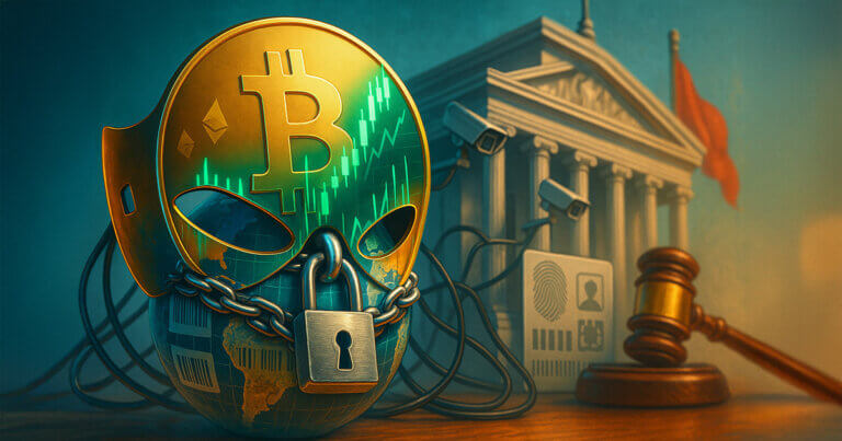 A gleaming golden Bitcoin mask reflecting soaring green price candles sits over a chained globe with a padlock, while surveillance cameras and a looming neoclassical government building suggest hidden control behind the market’s shine.