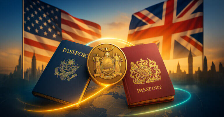 Cinematic close-up of US and UK passports bridged by a glowing arc with a bronze NYDFS medallion between fluttering flags and faint NYC–London skylines.