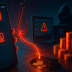 A glowing red fishhook latches onto a phone’s wallet icon as stacks of coins drain into a hacker’s dark vault, symbolizing multimillion-dollar losses to phishing scams