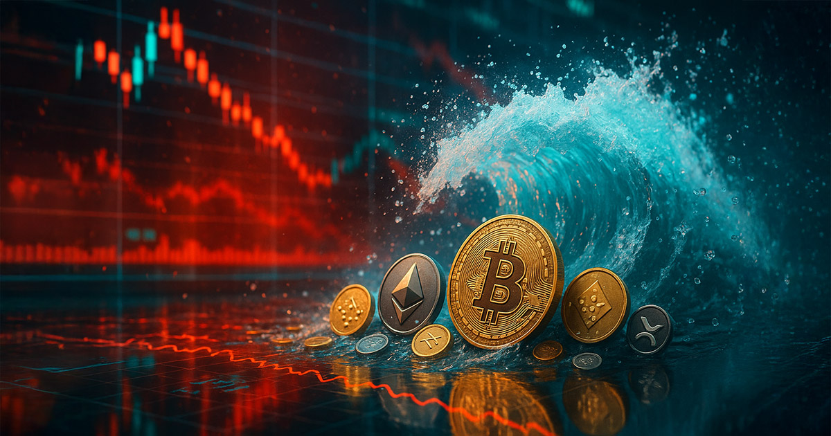 A bright, cinematic wave surges across a trading desk, sweeping Bitcoin, Ethereum, Solana, XRP, and Cardano coins as glowing red charts blur behind.