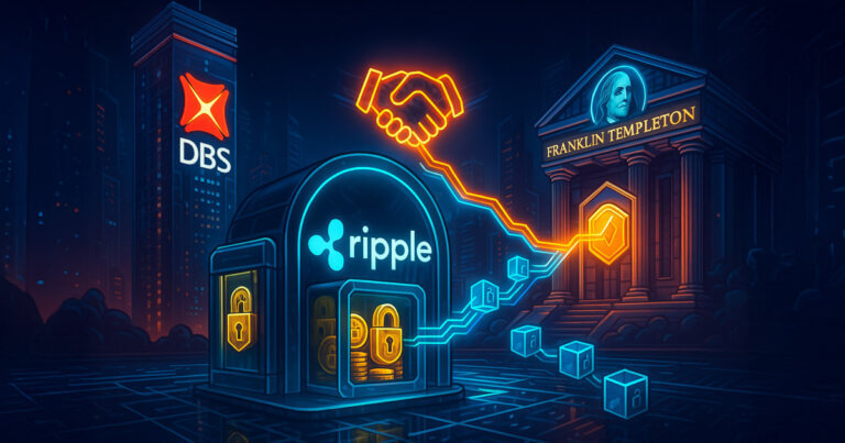 Ripple’s glowing vault links to DBS and Franklin Templeton landmarks via neon rails of tokenized loan blocks, evoking a partnership for on-chain lending.